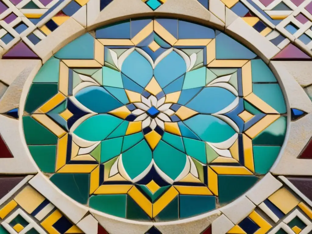 Mosaico árabe: arte vibrante y geométrico Detallada obra de arte de mosaico árabe en una pared de piedra, con patrones simbólicos Primaveras Árabes, reflejando la rica herencia cultural