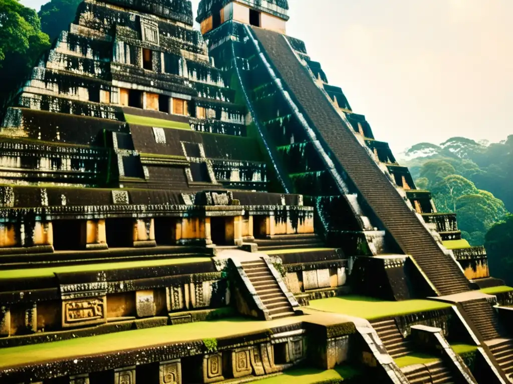 Detallada fotografía vintage de los patrones arquitectura Maya en las ruinas del templo Tikal, Guatemala