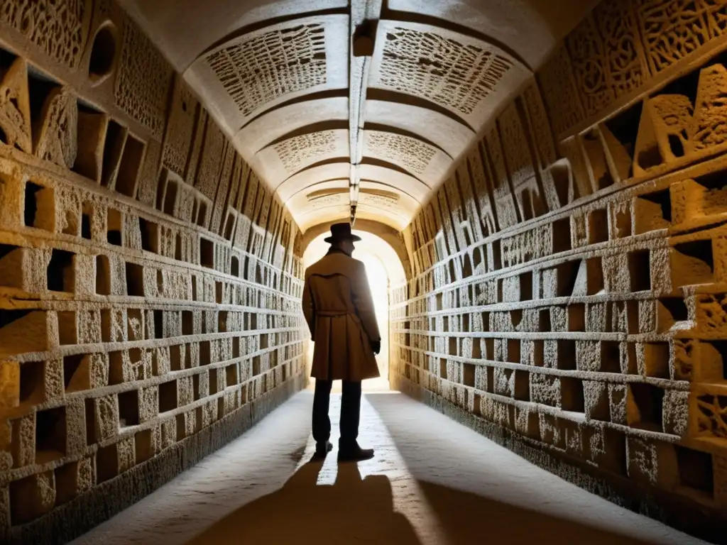 Detallada fotografía de patrones artísticos en las catacumbas de París, evocando historia y misterio en tonos sepia