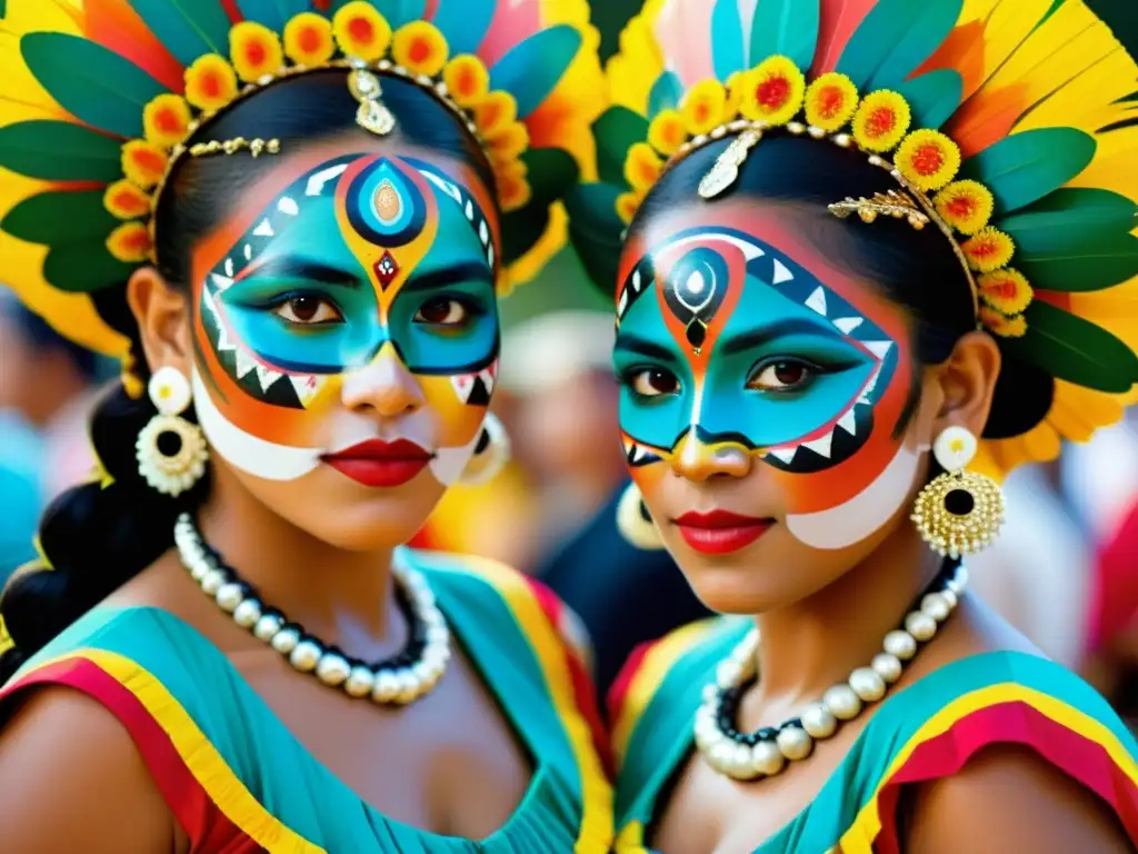 Detallada fotografía vintage de patrones artísticos en festivales, pintados en rostros de bailarines Papantla durante festividad cultural