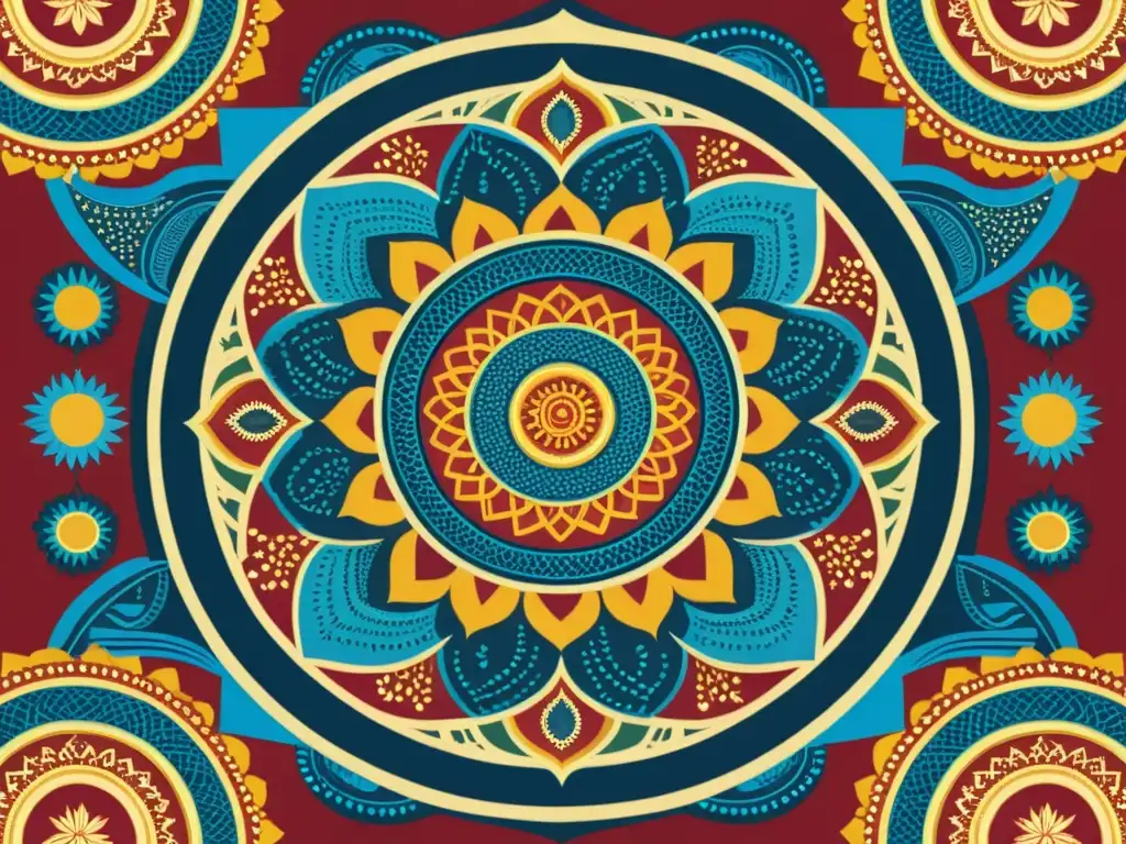 Detallada ilustración de patrones artísticos India, con geometría sagrada en vibrantes colores y motivos como mandalas y flores de loto