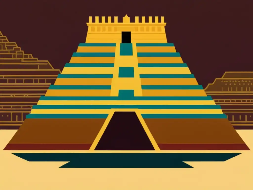 Detallada ilustración vintage del Ziggurat de Ur, resaltando patrones en templos escalonados Mesopotamia con autenticidad histórica