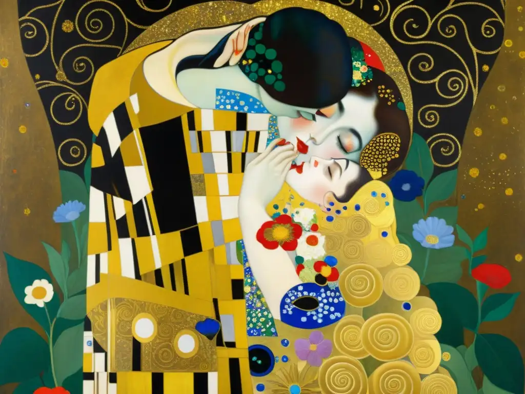 Detallada pintura de 'El Beso' de Gustav Klimt en 8k, con hoja de oro y ornamentos que simbolizan la ornamentalidad en arte moderno