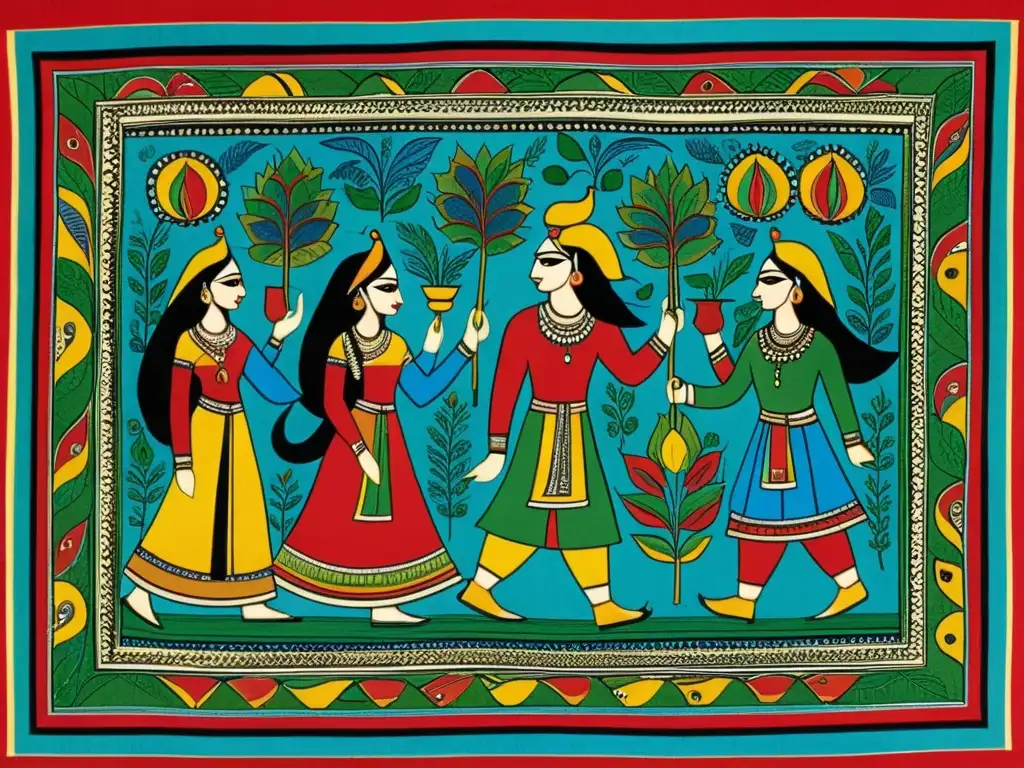 Detallada pintura Madhubani en tela vintage, muestra escenas vibrantes y motivos tradicionales en una paleta de colores ricos