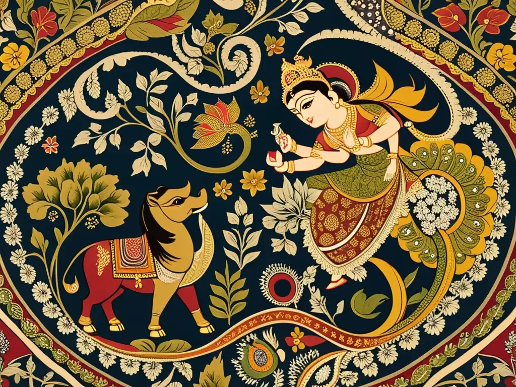 Detallada pintura a mano en tela Kalamkari de la India, con escenas vibrantes de la mitología india en tonos terrosos y detalles finos