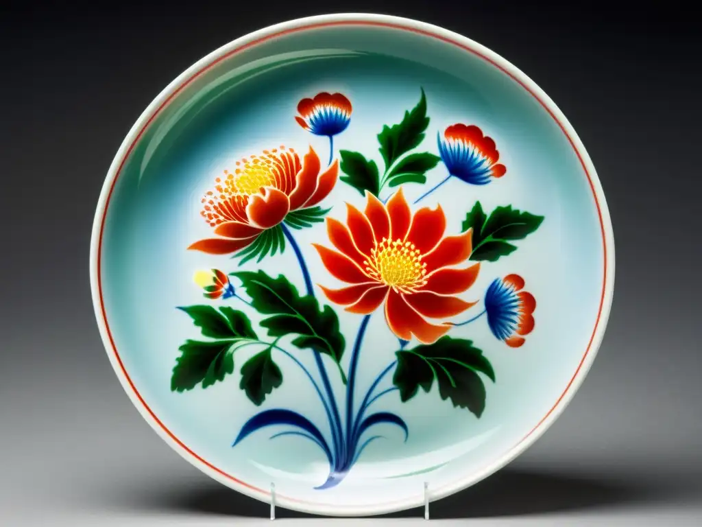 Detallada pintura a mano en porcelana Kakiemon con flores chrysanthemum en rojo, azul y verde, muestra técnica artesanal