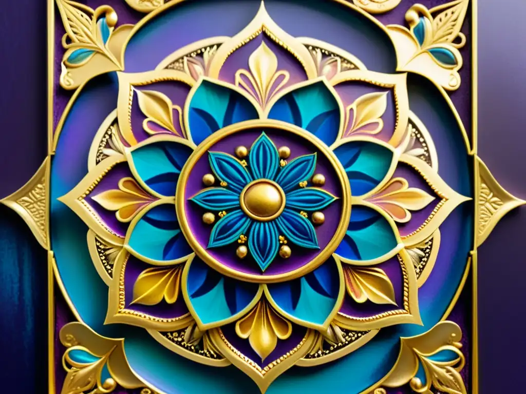 Detallada pintura multicultural de mandala con patrones artísticos en tonos vibrantes de púrpuras, azules eléctricos y dorados