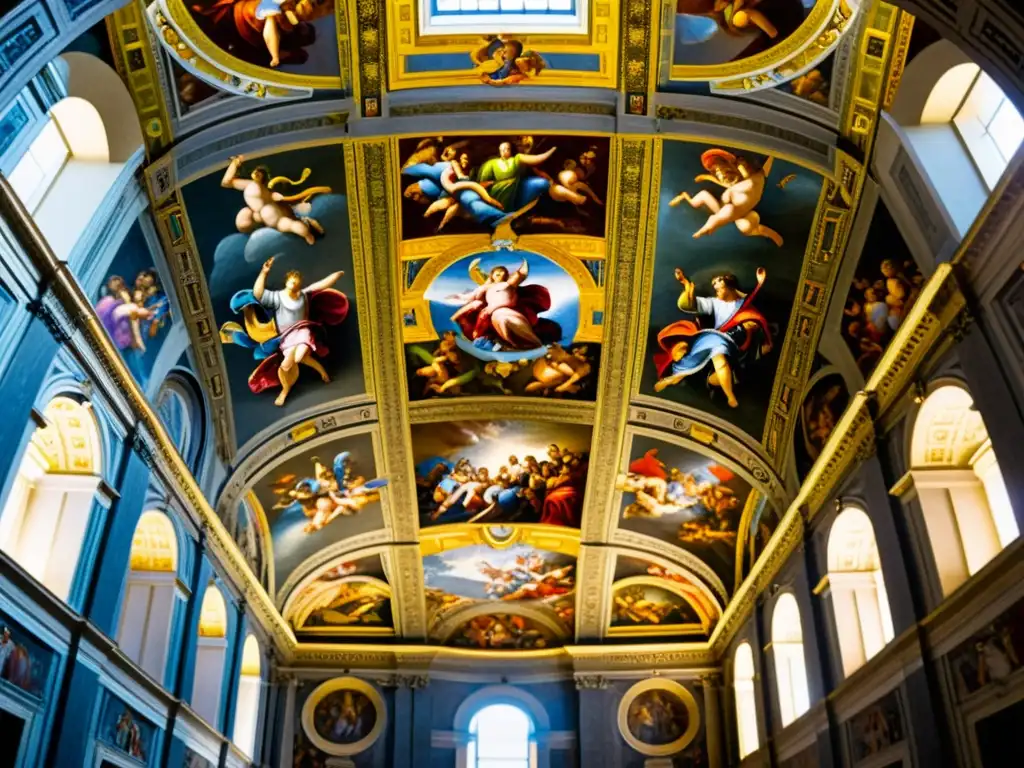 Detallada pintura de los patrones artísticos del Renacimiento Italiano en la Capilla Sixtina del Vaticano, con colores vibrantes y escenas bíblicas