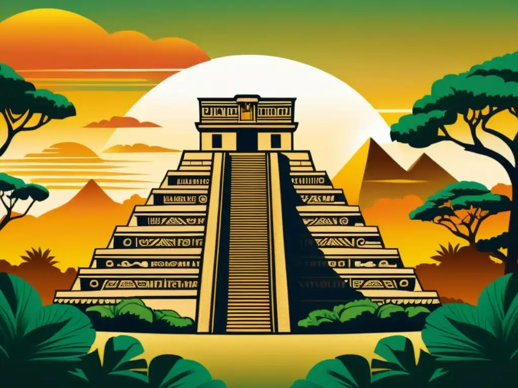 Detallada ilustración vintage de una pirámide maya al atardecer, con diseños inspirados en antiguas civilizaciones y exuberante selva