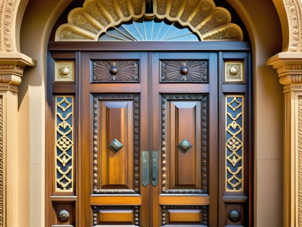 Detallada puerta de madera colonial con patrones decorativos, reflejo de la exquisita artesanía y estilo de la arquitectura colonial