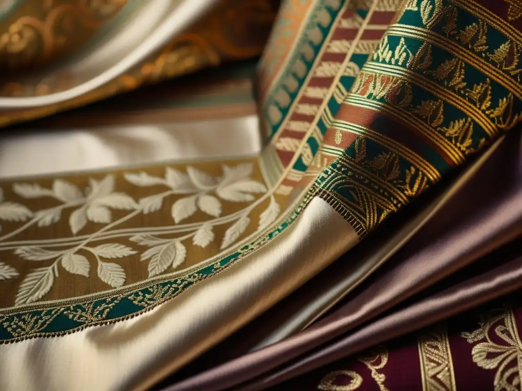 Detallada seda tejida a mano con patrones tradicionales textiles alta gama en ricos colores opulentos sobre maniquí vintage