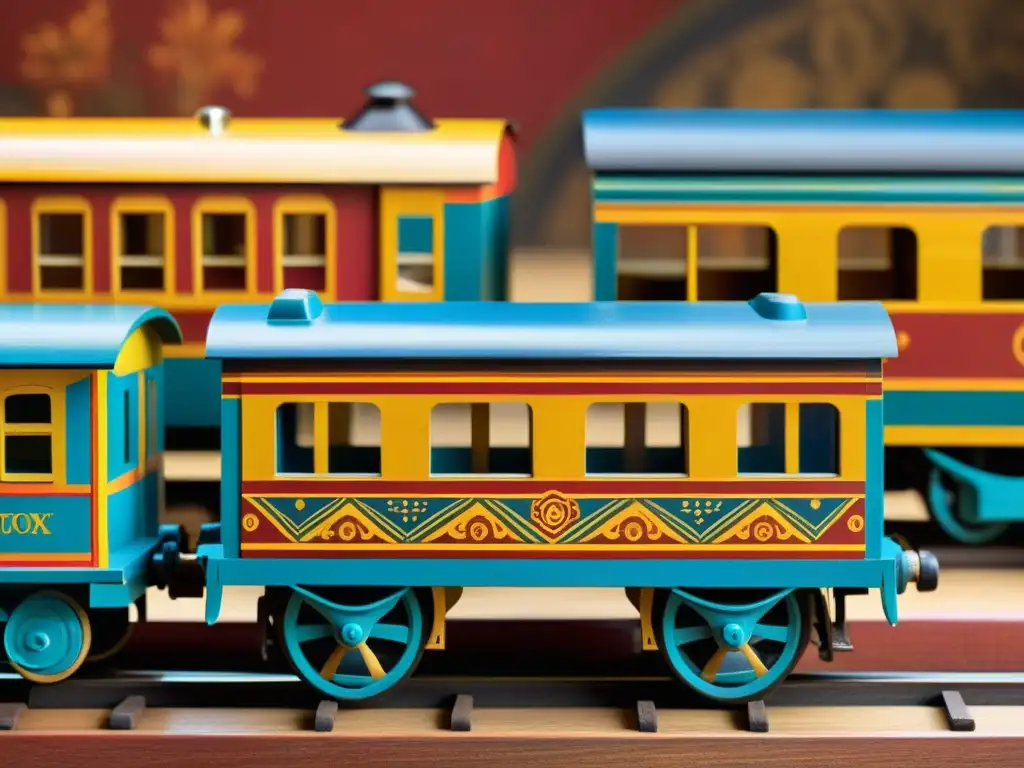 Coloridas y Detalladas Artes Étnicas en Tren de Juguete Vintage Una fotografía detallada de un set de trenes de juguete vintage con diseños étnicos intrincados y colores vibrantes