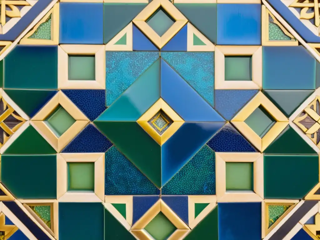 Detallada interpretación de los simbólicos mosaicos árabes en la Alhambra, Granada, con patrones geométricos en tonos de azul, oro y verde