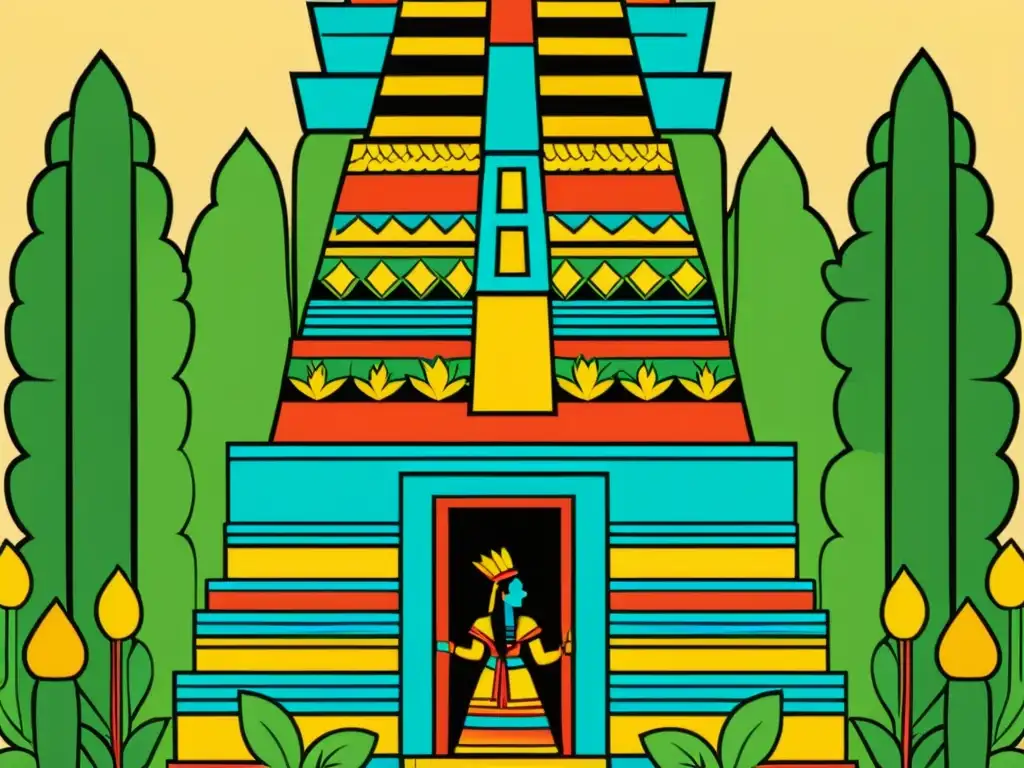 Detallada ilustración vintage de un templo azteca con adoradores ofreciendo maíz a la deidad, emanando reverencia y significado cultural