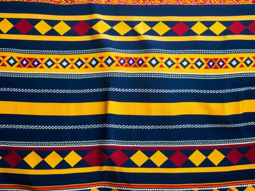 Detallada textura de un tejido tradicional oaxaqueño con vibrantes patrones geométricos en rojo, azul e amarillo