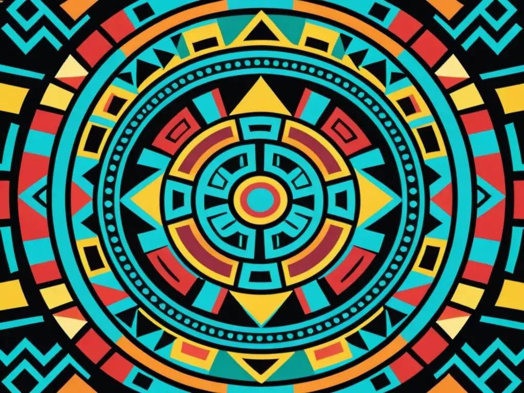 Detallada ilustración vectorial de un patrón azteca tradicional, con colores vibrantes y formas geométricas