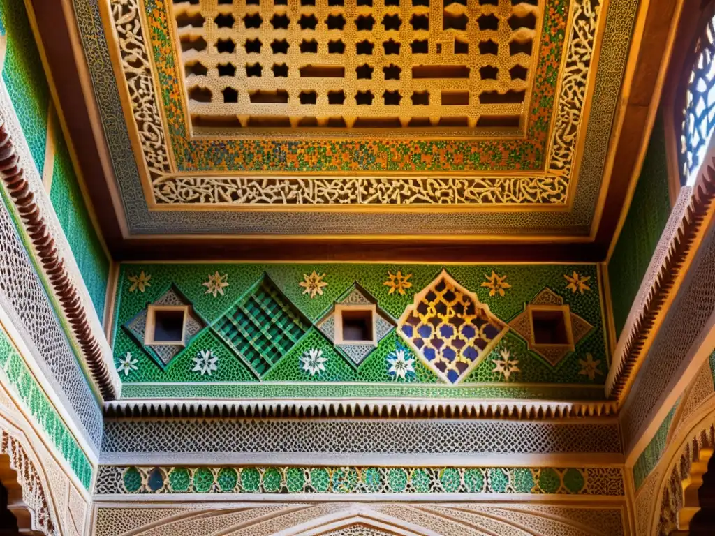 Detallada fotografía de los vibrantes mosaicos árabes de la Alhambra, mostrando su arte geométrico en la península ibérica