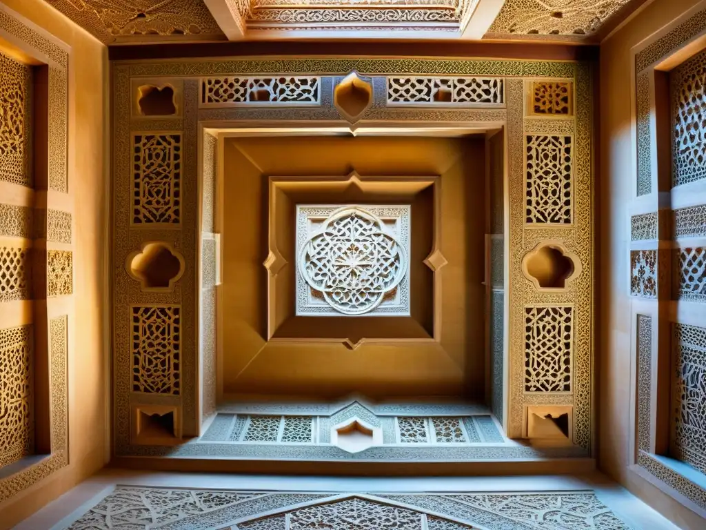 Detallado arte islámico de la Alhambra, Granada, con intrincada geometría sagrada, resaltando su belleza atemporal