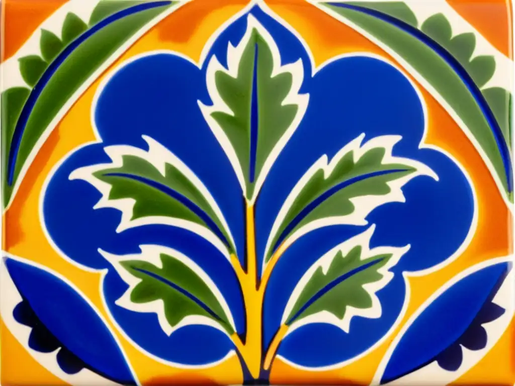 Detallado azulejo de Talavera Poblana con patrones florales en azul cobalto, terracota y verde oliva, con toques dorados