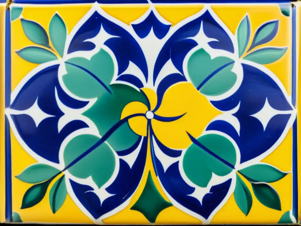 Detallado azulejo portugués con patrones artísticos en tonos cobalto, esmeralda y dorado