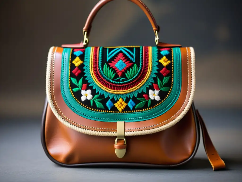 Detallado bolso de cuero con patrones indígenas en tonos terrosos, evocando elegancia atemporal y tradición