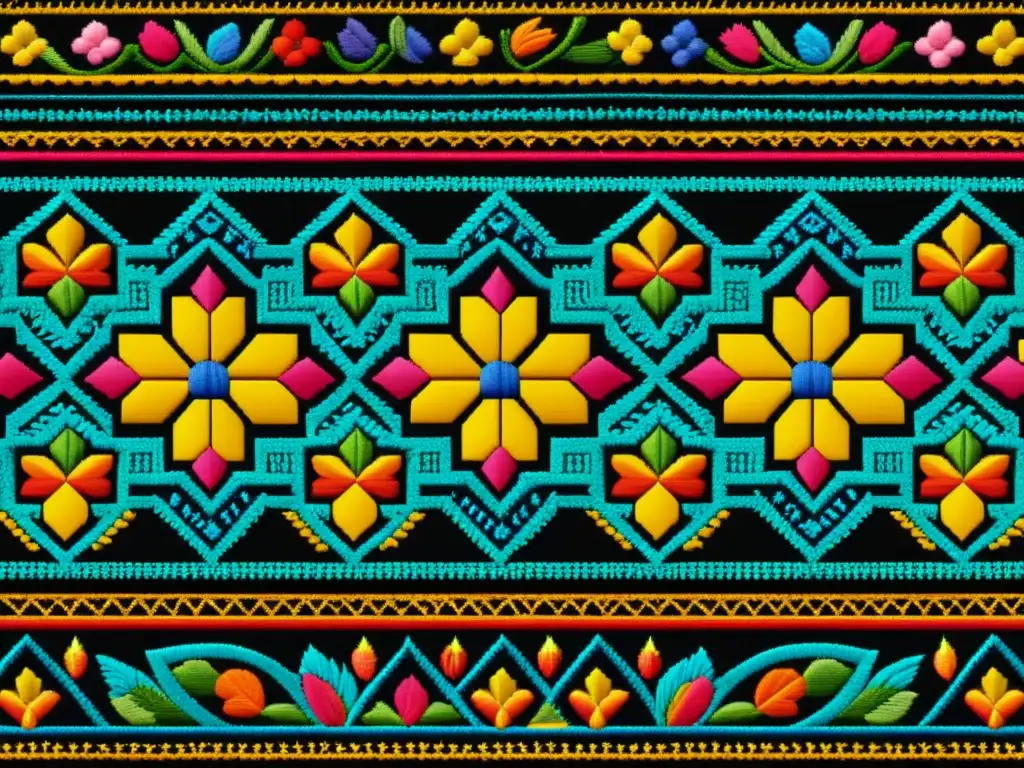 Detallado bordado ucraniano ancestral de motivos florales y geométricos en colores vibrantes, evocando herencia cultural y artesanía