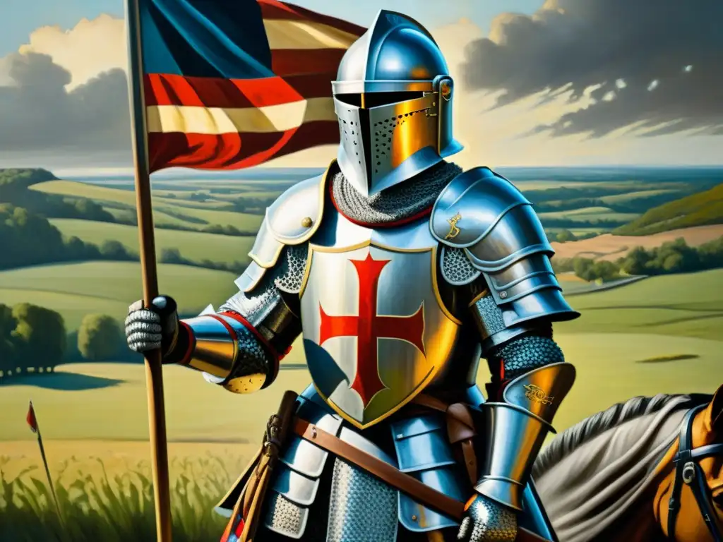 Épico caballero medieval en óleo: nostalgia y grandeza Detallado cuadro al óleo de un caballero medieval en armadura, en un campo de batalla con una bandera