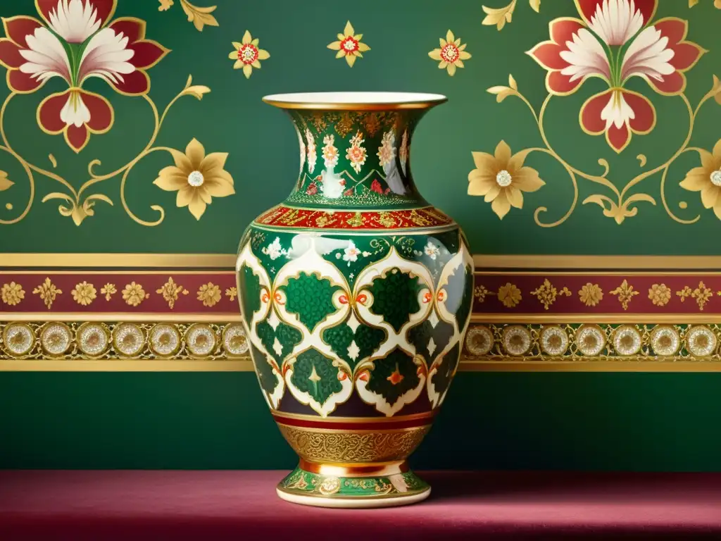 Exquisita pintura vintage de un jarrón ornamental de porcelana Detallado cuadro vintage de un exquisito jarrón de porcelana, destacando el uso de color en patrones artísticos para decoración de interiores de lujo