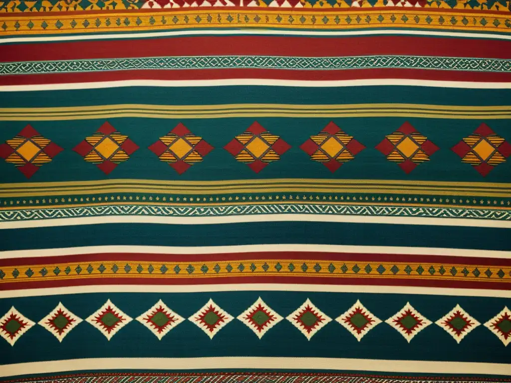 Detallado patrón cultural en tela vintage con tonos tierra y delicados detalles en azules y verdes, ideal para branding vibrante