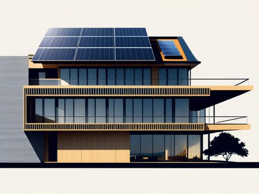 Detallado dibujo arquitectónico vintage con patrones fotovoltaicos en arquitectura, integrando paneles solares de forma elegante y sostenible