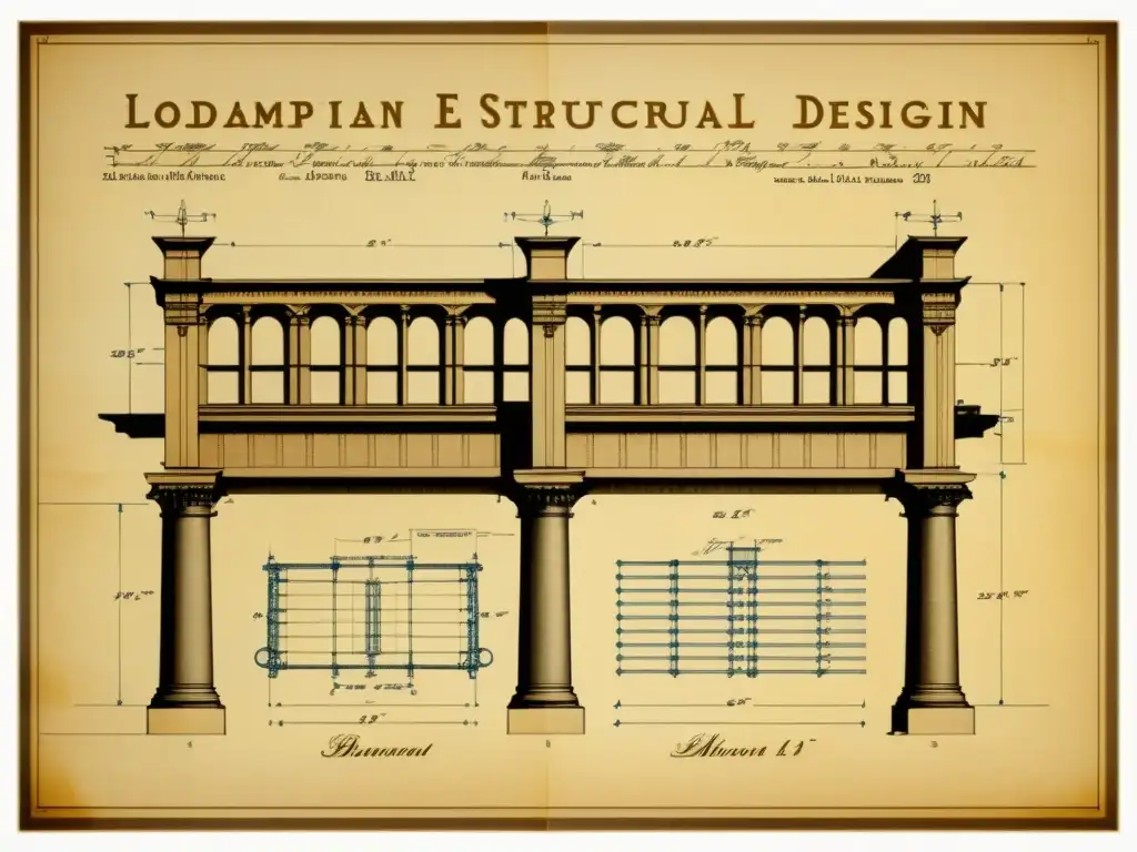 Detallado diseño de ingeniería estructural vintage en sepia, evocando patrones estructurales en ingeniería moderna y artesanía atemporal