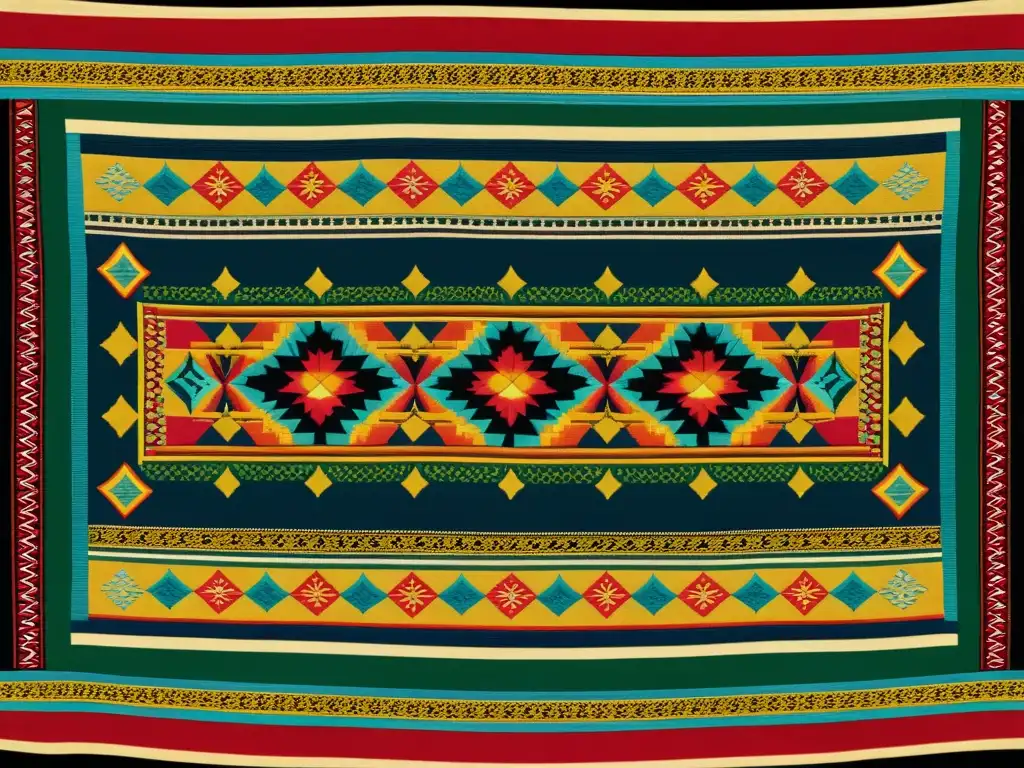 Detallado diseño de patrones textiles arte contemporáneo en un tejido vintage con colores vibrantes y elegancia atemporal