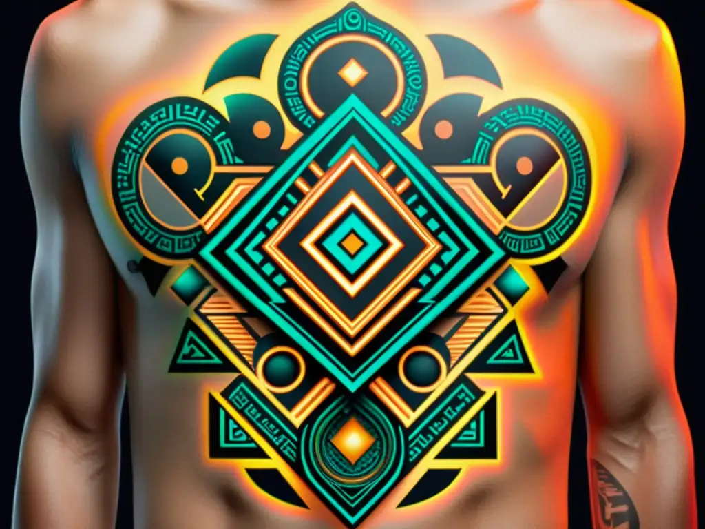 Detallado diseño de tatuaje fusionando patrones culturales tradicionales con elementos tecnológicos modernos