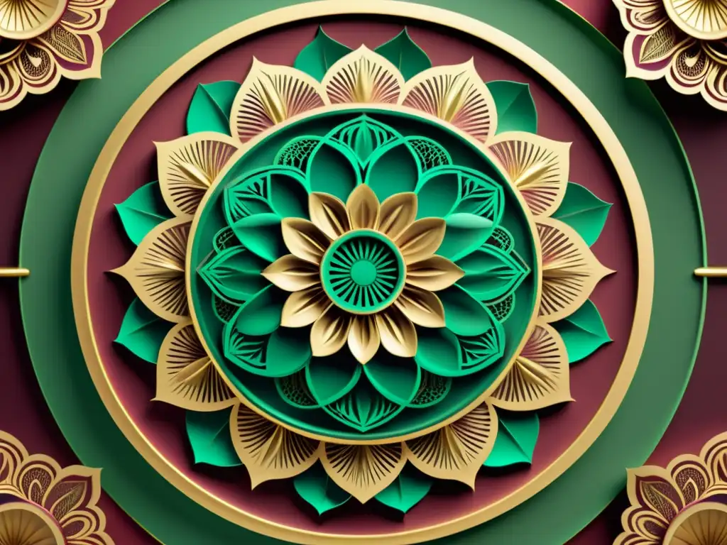 Un detallado diseño de mandala en 3D con tonos vintage, patrones geométricos y elementos florales delicados, evocando elegancia atemporal