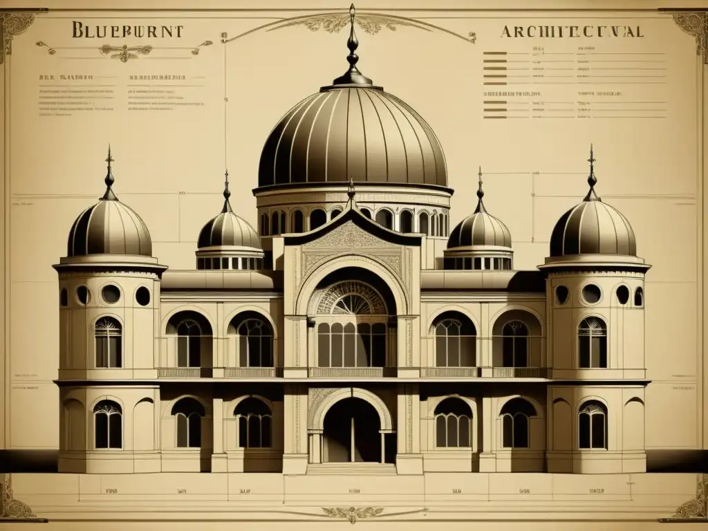 Un detallado y elegante plano arquitectónico vintage en sepia, mostrando intrincados patrones y líneas precisas