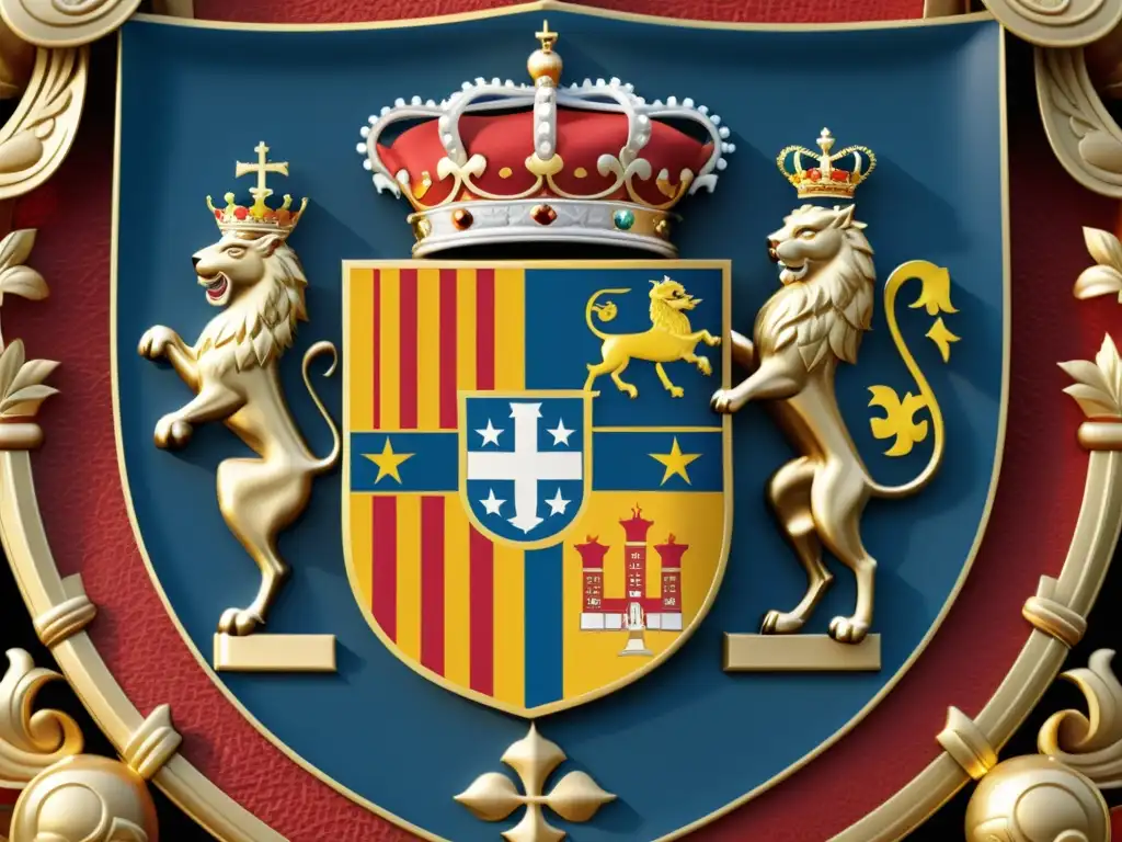 Detallado escudo de armas de España con simbolismo histórico y colores vibrantes, iluminado perfectamente