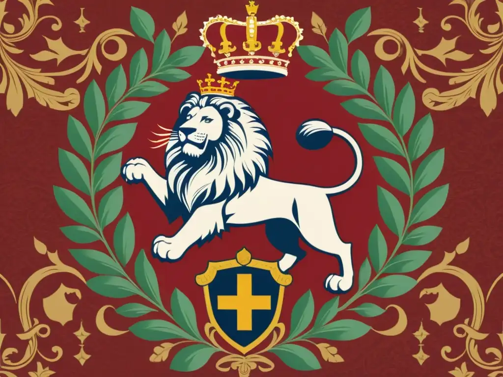 Un detallado escudo heráldico europeo con motivos ornamentales, un león regio y colores vibrantes que evocan identidad europea