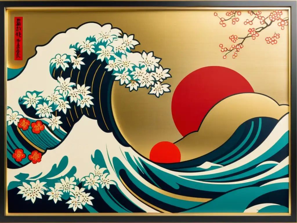Estampa japonesa vintage: patrones vibrantes y delicados Detallado grabado en madera de patrones tradicionales japoneses, con colores vibrantes y motivos delicados como sakuras y ondas, enmarcado en oro