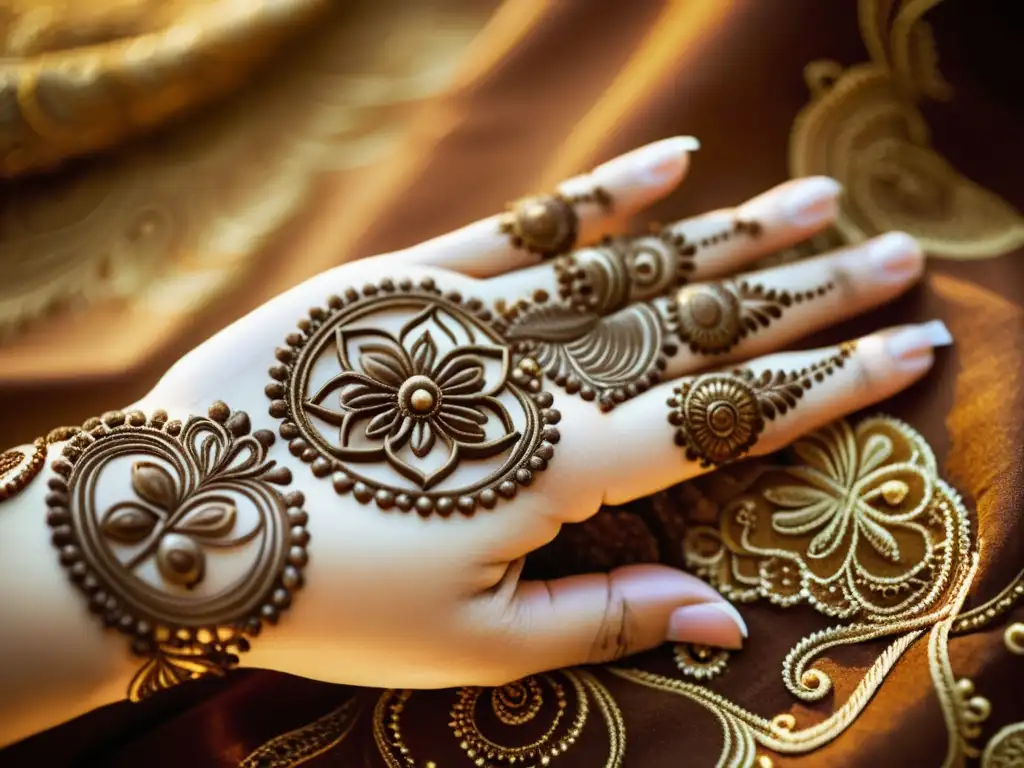 Diseño de henna: tradición y modernidad en detalle Detallado patrón de henna contemporáneo en cálidos tonos terrosos, simbolizando la belleza atemporal y la evolución del arte de la henna