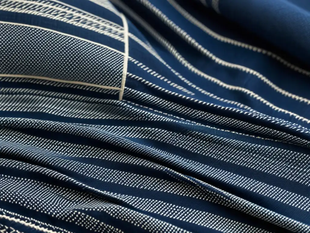 Textil japonés tradicional con intrincado bordado Sashiko en hilo índigo Detallado patrón japonés Sashiko en tela añil, con textura visual hipnótica y aura de tradición