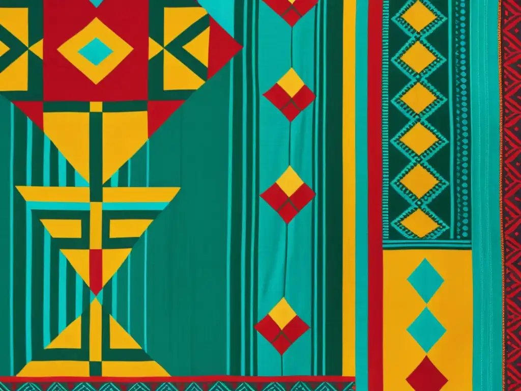 Detallado patchwork latino con influencia precolombina en vibrantes tonos terracota, verde, amarillo, turquesa y rojo, evocando herencia cultural