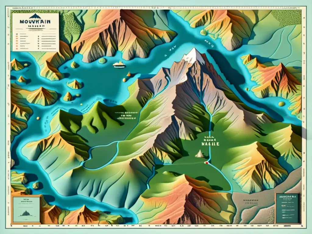 Mapa topográfico vintage detallado de una cordillera Un detallado mapa topográfico vintage de una cordillera, con patrones geográficos en montañas y colores que evocan historia y edad
