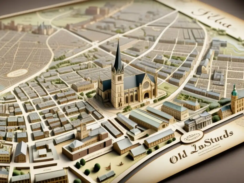 Mapa vintage detallado de la ciudad: historia y encanto en sepia Detallado mapa vintage de una ciudad con patrones históricos en la era digital, tonos sepia y caligrafía delicada