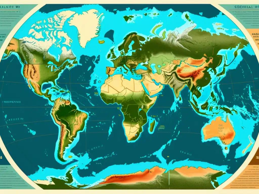 Detallado mapa vintage de patrones geológicos historia Tierra, con formaciones rocosas, fallas y límites de placas tectónicas