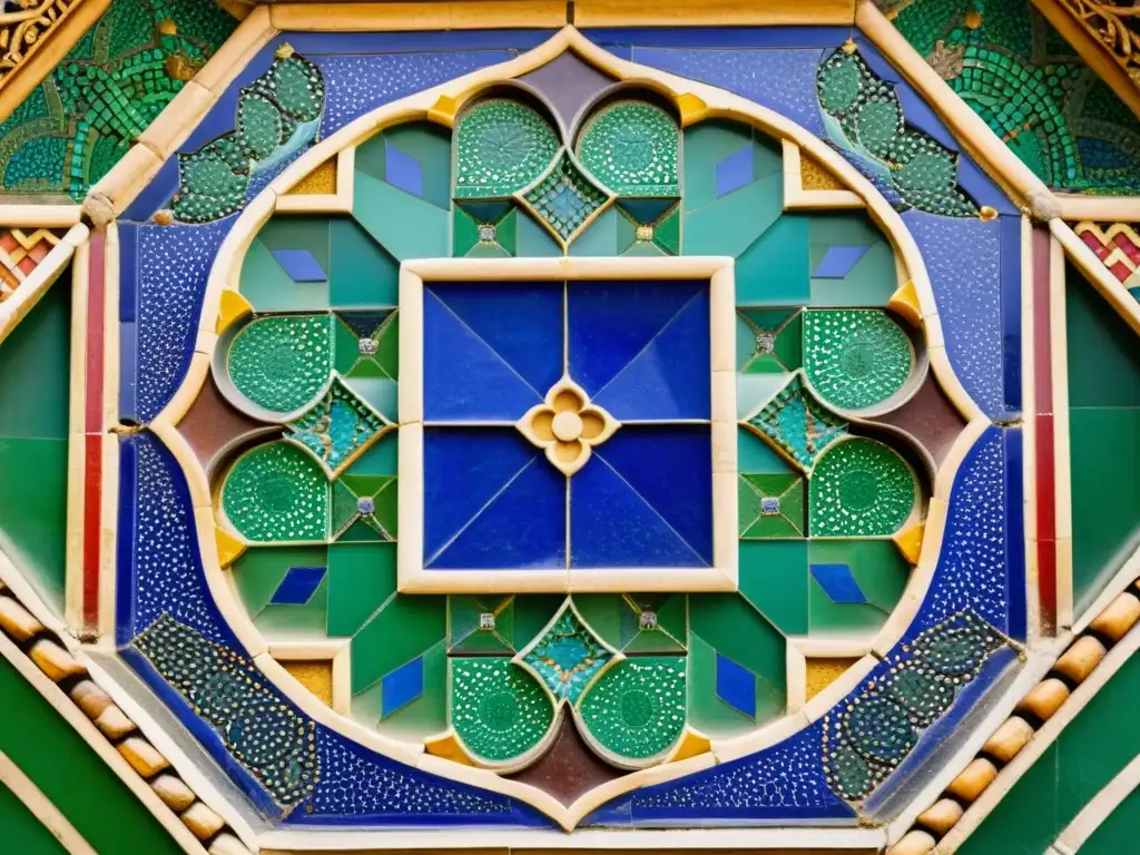 Detallado mosaico de la Alhambra, con patrones geométricos en azul, verde y rojo