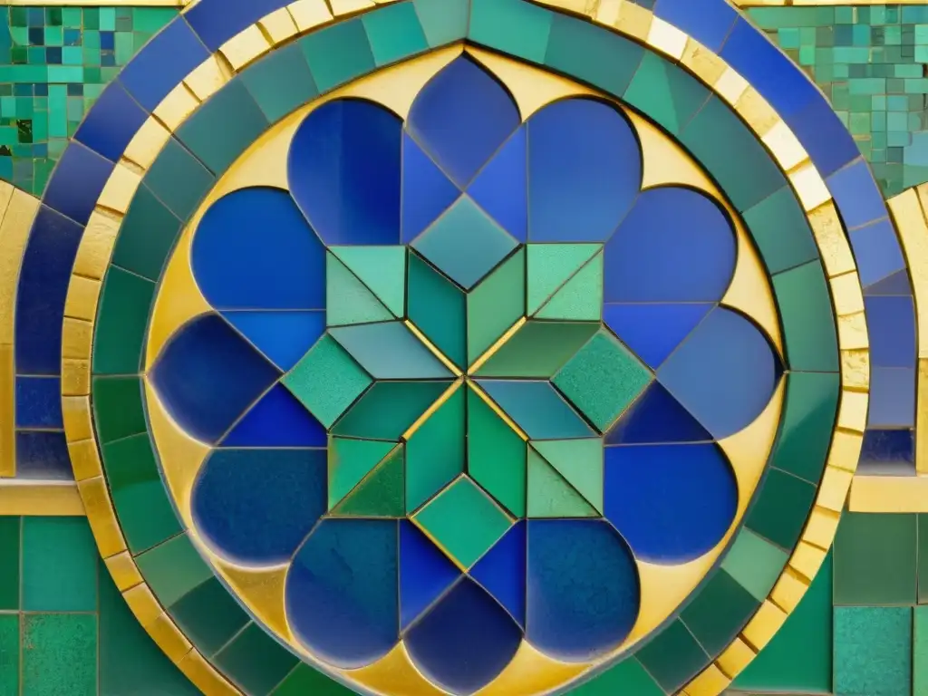 Detallado mosaico árabe antiguo en tonos de azul, verde y dorado