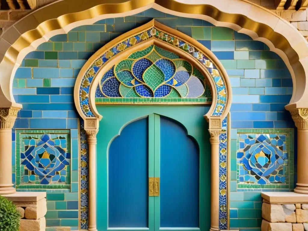 Detallado mosaico árabe con patrones geométricos en azul, verde y dorado, en una puerta ornamental rodeada de piedra envejecida