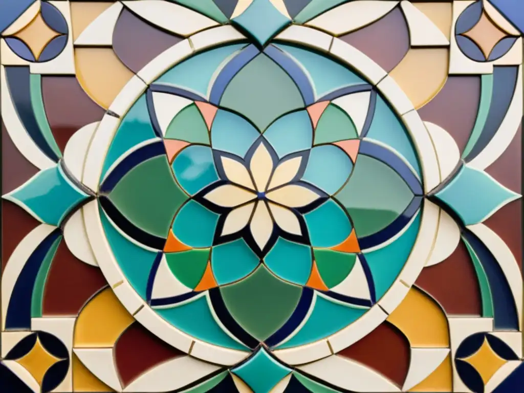 Detallado mosaico árabe con patrones geométricos y colores vibrantes, reflejando la iconografía prohibida del arte islámico