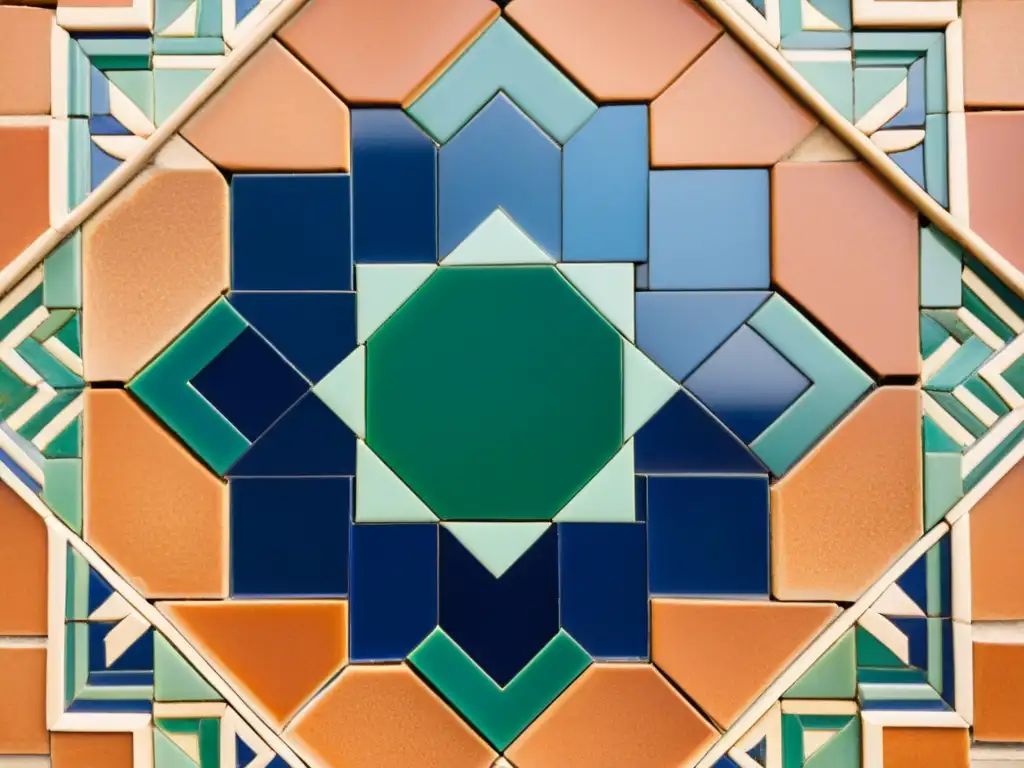 Detallado mosaico árabe en tonos terracota, azul y verde, muestra precisión geométrica y belleza atemporal