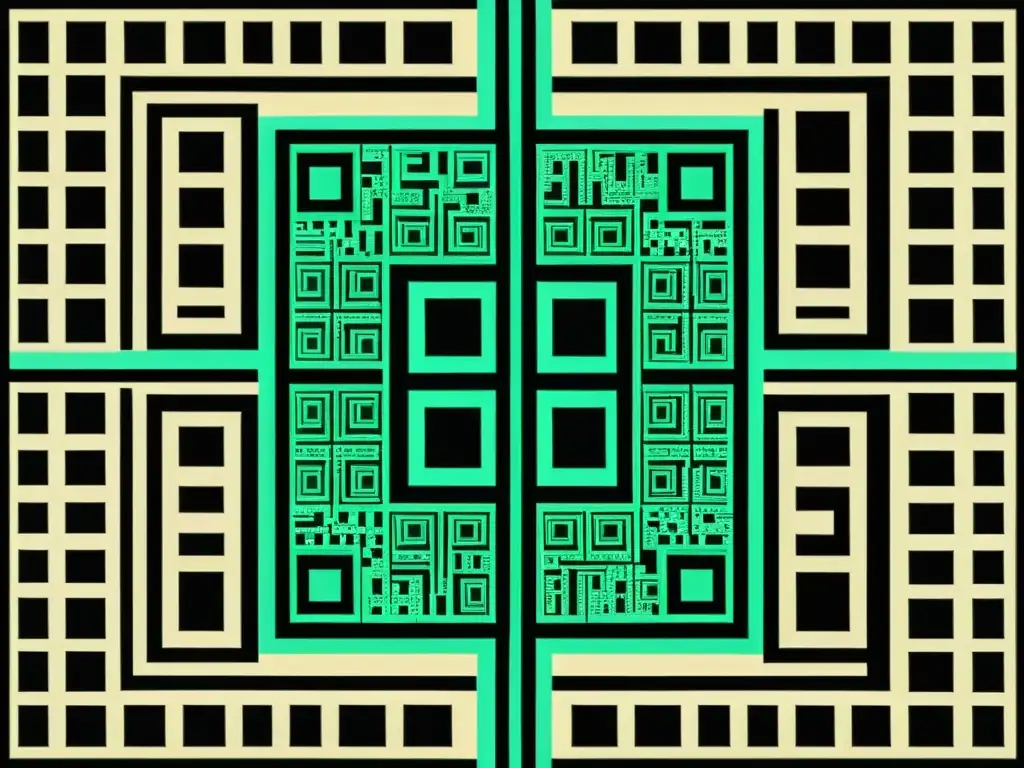 Detallado mosaico de códigos QR con arte y patrones históricos, evocando elegancia y sofisticación